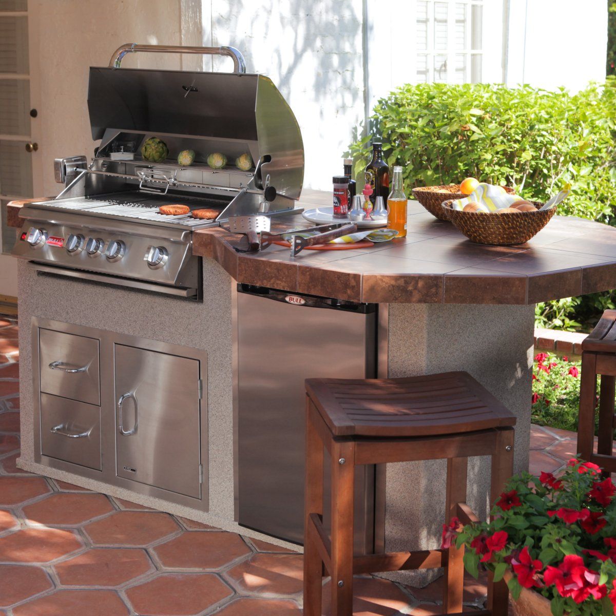 Bull BBQ grill built into an outdoor kitchen