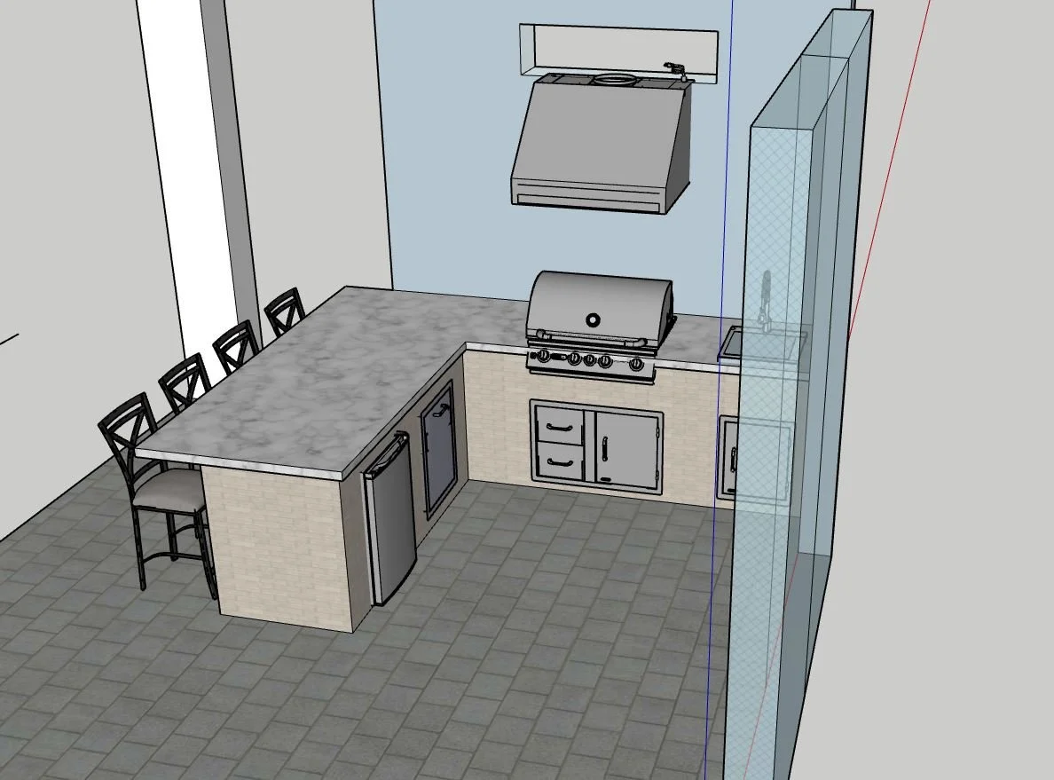 3D rendering of an outdoor kitchen with a marble island counter